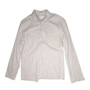 Gap‎ Mens Large Linen Cotton Blend Striped Button Up Shirt Beige Standard Fit